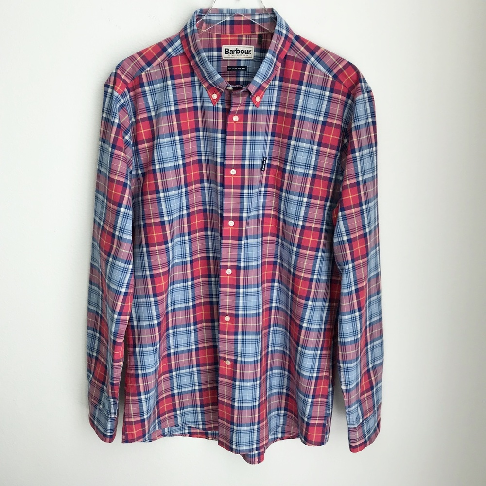Barbour Men's Plaid Long Sleeve Shirt Button Down Size L Tailored Fit Red Blue